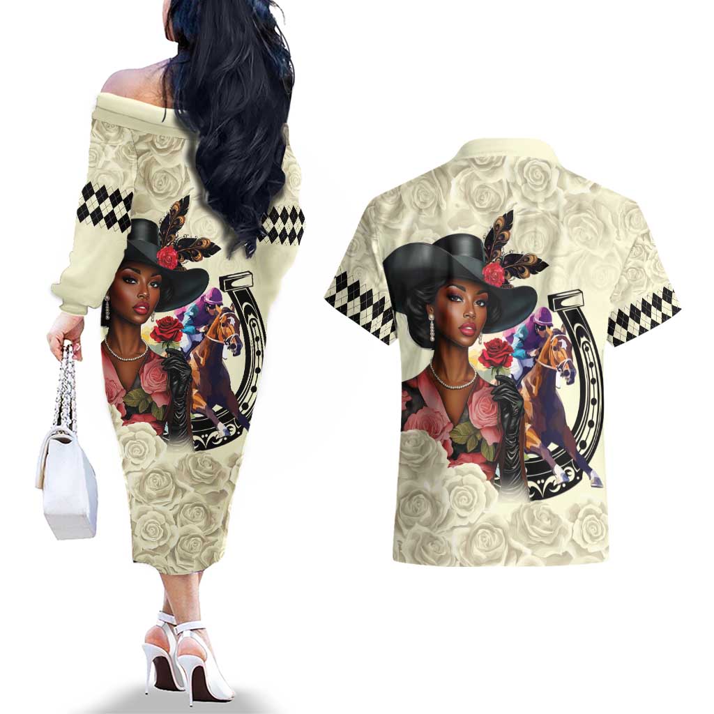 Kentucky Horse Racing Couples Matching Off The Shoulder Long Sleeve Dress and Hawaiian Shirt Black Derby Lady Cream Roses