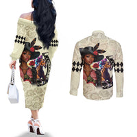 Kentucky Horse Racing Couples Matching Off The Shoulder Long Sleeve Dress and Long Sleeve Button Shirt Black Derby Lady Cream Roses