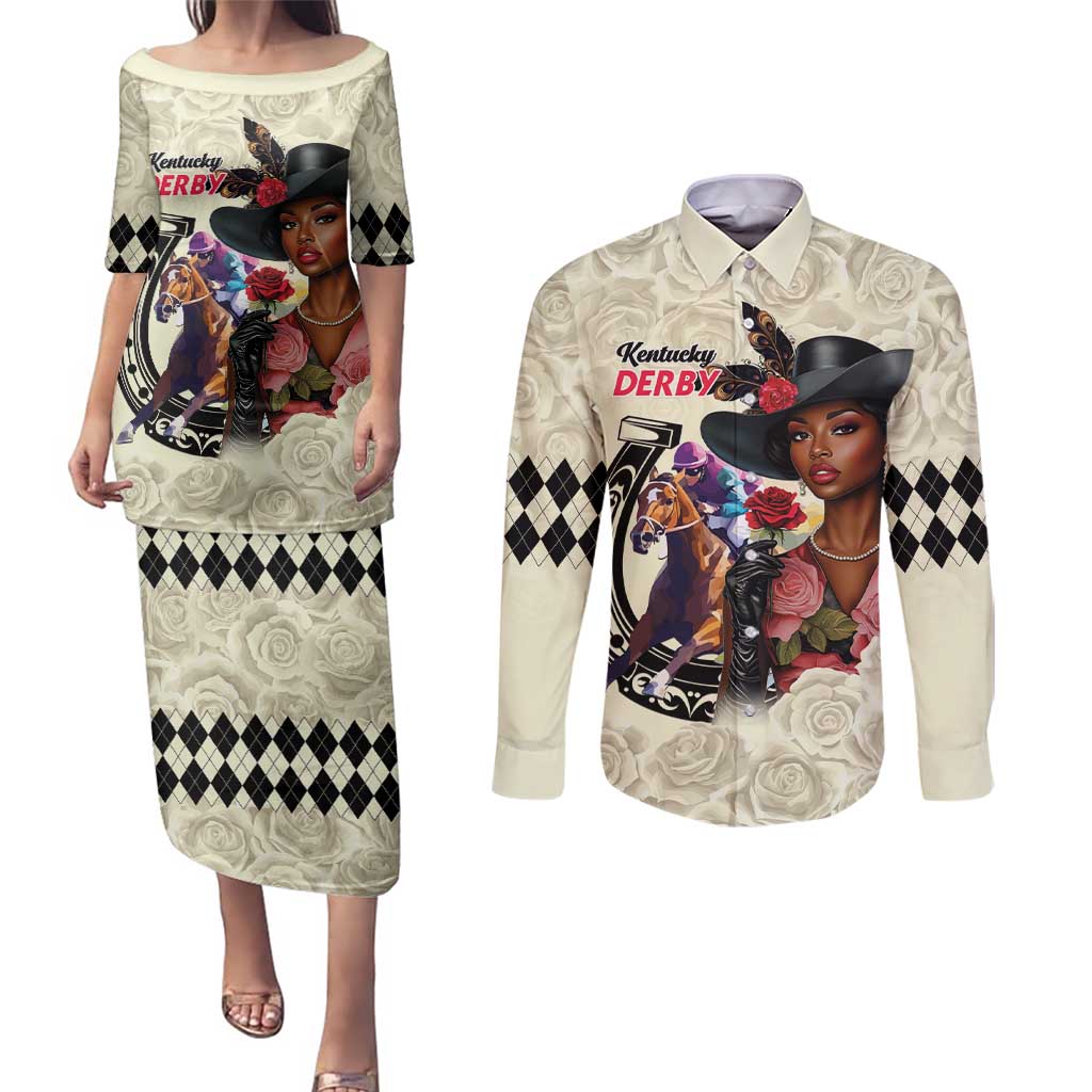 Kentucky Horse Racing Couples Matching Puletasi and Long Sleeve Button Shirt Black Derby Lady Cream Roses