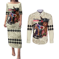 Kentucky Horse Racing Couples Matching Puletasi and Long Sleeve Button Shirt Black Derby Lady Cream Roses