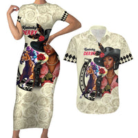 Kentucky Horse Racing Couples Matching Short Sleeve Bodycon Dress and Hawaiian Shirt Black Derby Lady Cream Roses