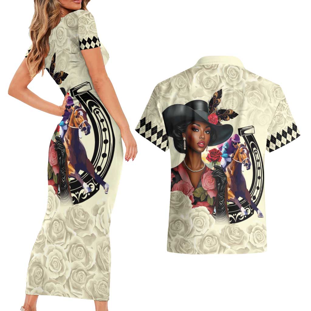 Kentucky Horse Racing Couples Matching Short Sleeve Bodycon Dress and Hawaiian Shirt Black Derby Lady Cream Roses