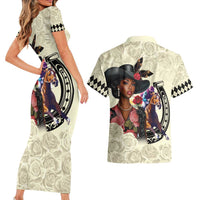 Kentucky Horse Racing Couples Matching Short Sleeve Bodycon Dress and Hawaiian Shirt Black Derby Lady Cream Roses