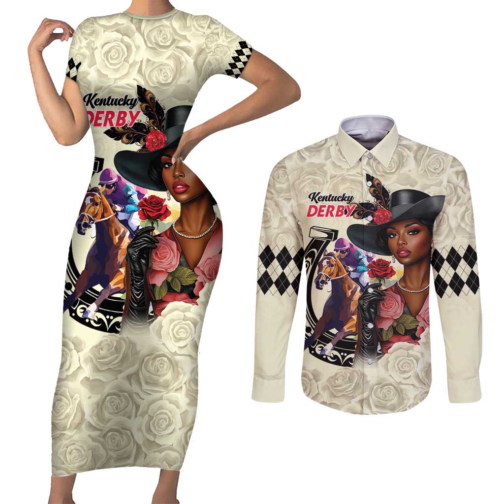 Kentucky Horse Racing Couples Matching Short Sleeve Bodycon Dress and Long Sleeve Button Shirt Black Derby Lady Cream Roses