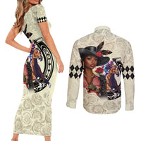 Kentucky Horse Racing Couples Matching Short Sleeve Bodycon Dress and Long Sleeve Button Shirt Black Derby Lady Cream Roses