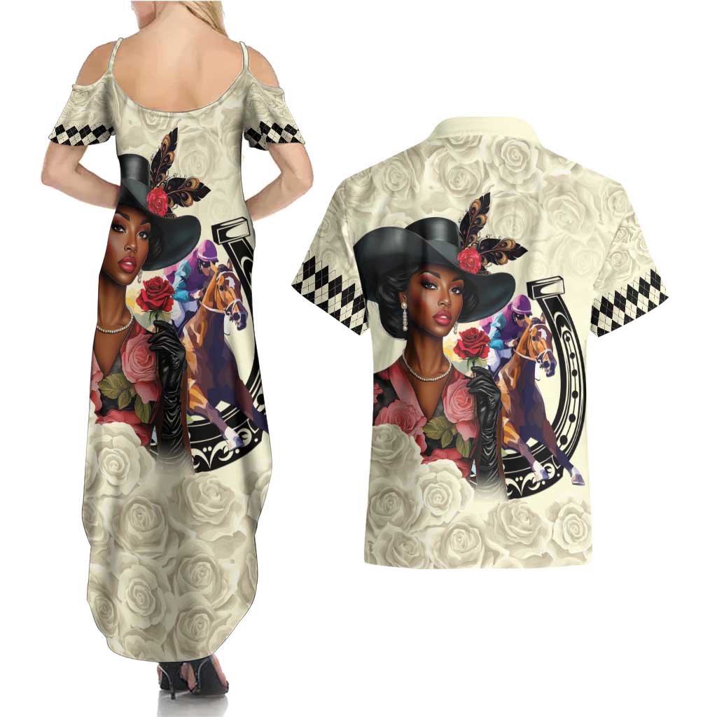 Kentucky Horse Racing Couples Matching Summer Maxi Dress and Hawaiian Shirt Black Derby Lady Cream Roses