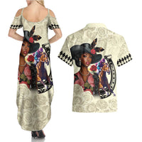 Kentucky Horse Racing Couples Matching Summer Maxi Dress and Hawaiian Shirt Black Derby Lady Cream Roses