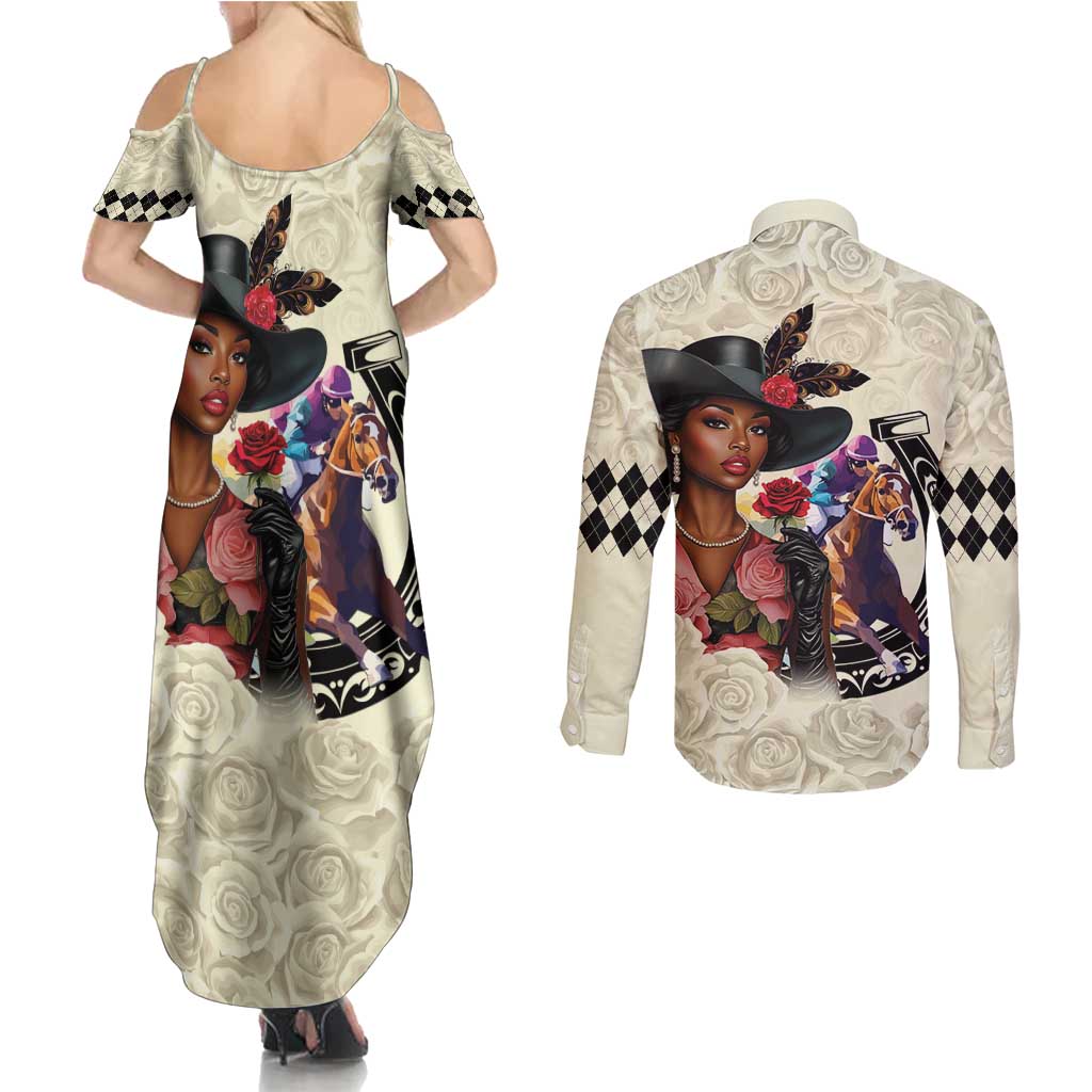 Kentucky Horse Racing Couples Matching Summer Maxi Dress and Long Sleeve Button Shirt Black Derby Lady Cream Roses