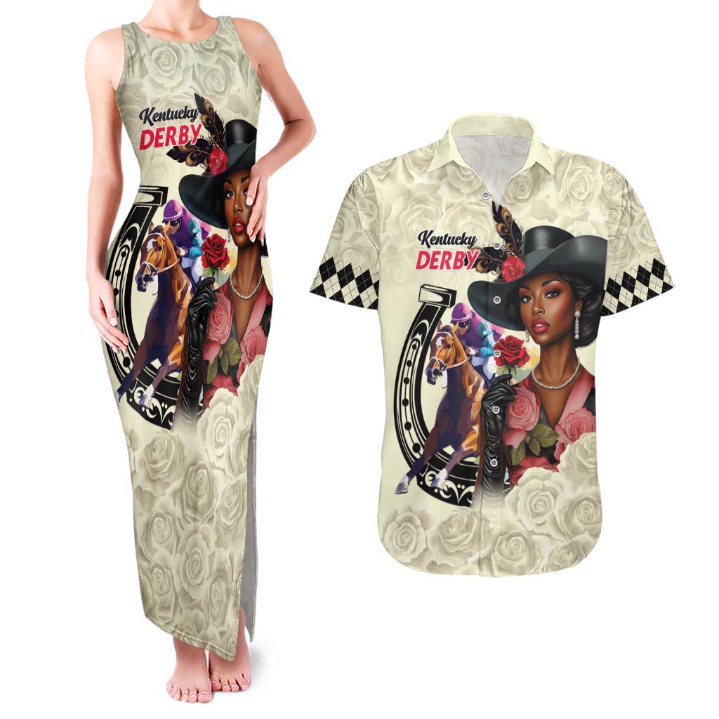 Kentucky Horse Racing Couples Matching Tank Maxi Dress and Hawaiian Shirt Black Derby Lady Cream Roses