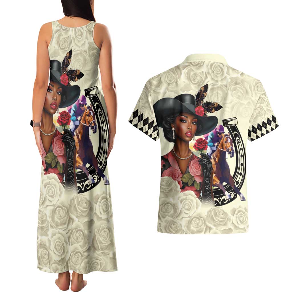 Kentucky Horse Racing Couples Matching Tank Maxi Dress and Hawaiian Shirt Black Derby Lady Cream Roses