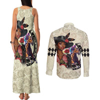 Kentucky Horse Racing Couples Matching Tank Maxi Dress and Long Sleeve Button Shirt Black Derby Lady Cream Roses