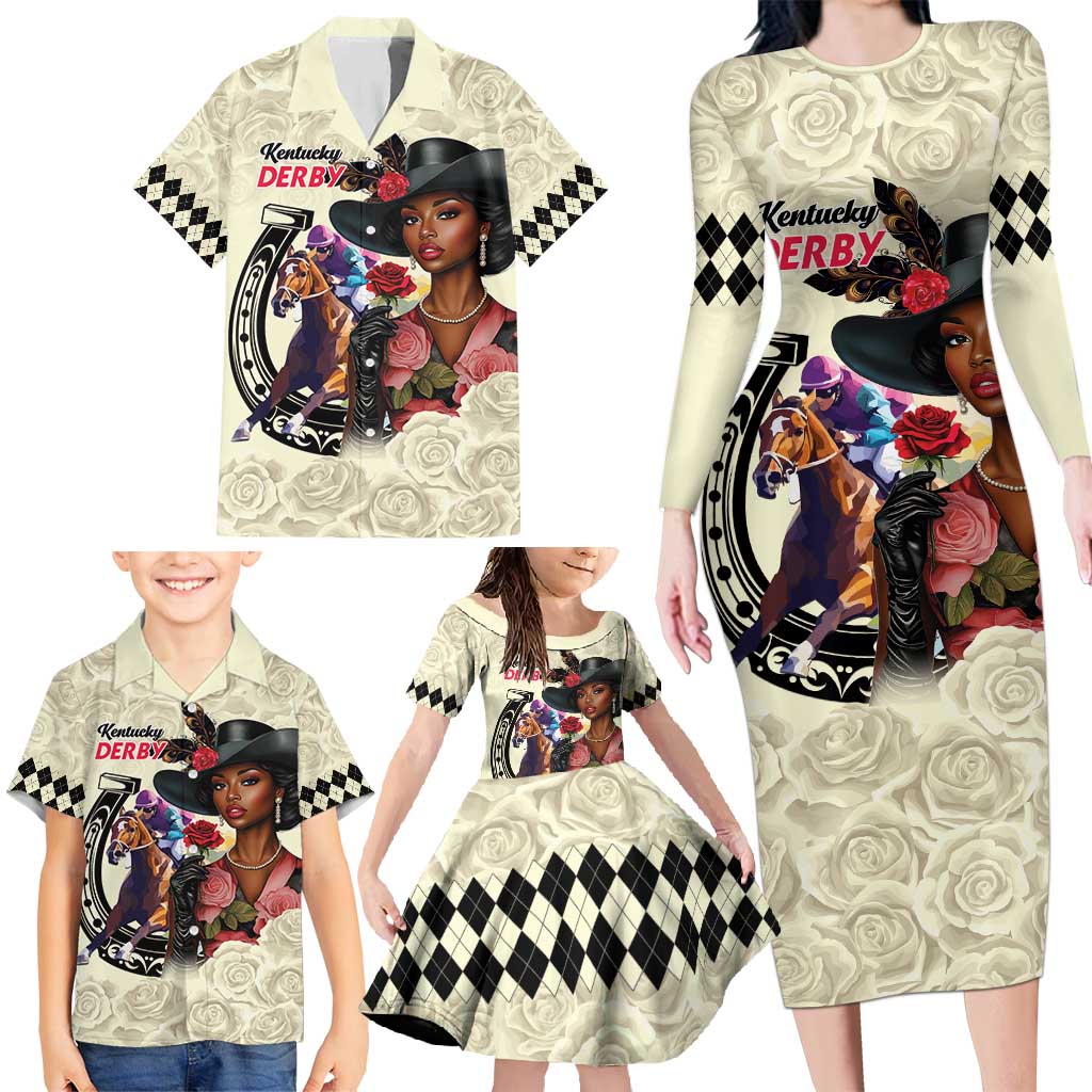 Kentucky Horse Racing Family Matching Long Sleeve Bodycon Dress and Hawaiian Shirt Black Derby Lady Cream Roses