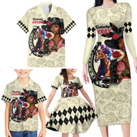 Kentucky Horse Racing Family Matching Long Sleeve Bodycon Dress and Hawaiian Shirt Black Derby Lady Cream Roses