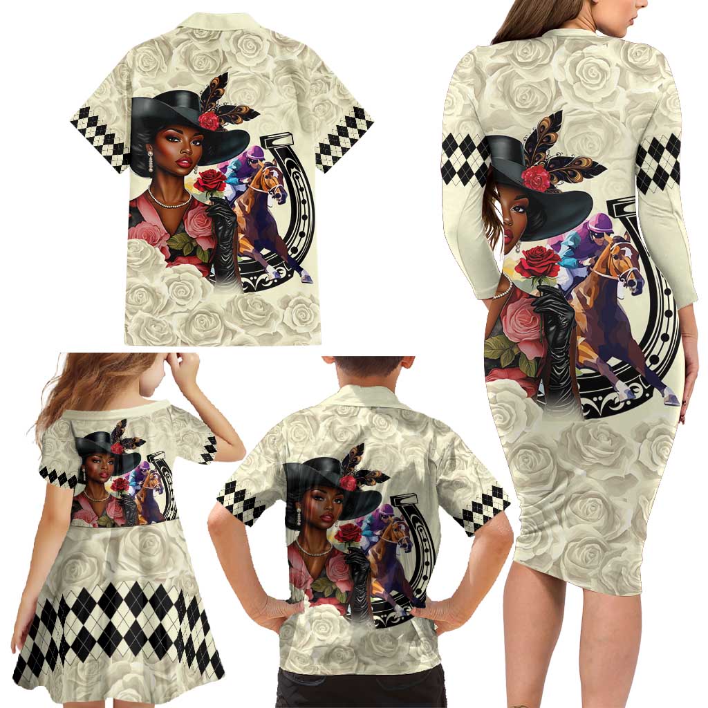 Kentucky Horse Racing Family Matching Long Sleeve Bodycon Dress and Hawaiian Shirt Black Derby Lady Cream Roses