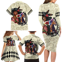 Kentucky Horse Racing Family Matching Long Sleeve Bodycon Dress and Hawaiian Shirt Black Derby Lady Cream Roses
