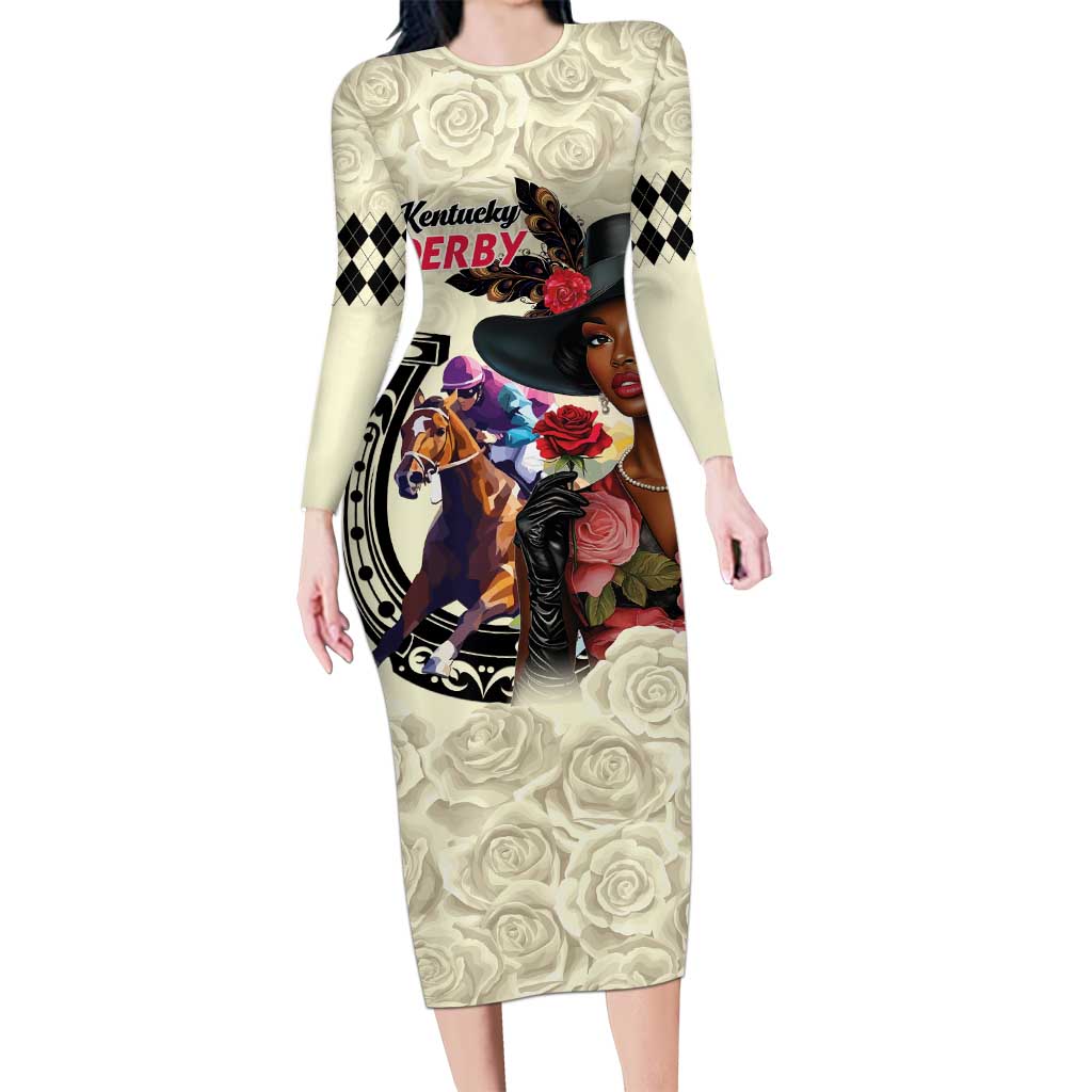 Kentucky Horse Racing Family Matching Long Sleeve Bodycon Dress and Hawaiian Shirt Black Derby Lady Cream Roses