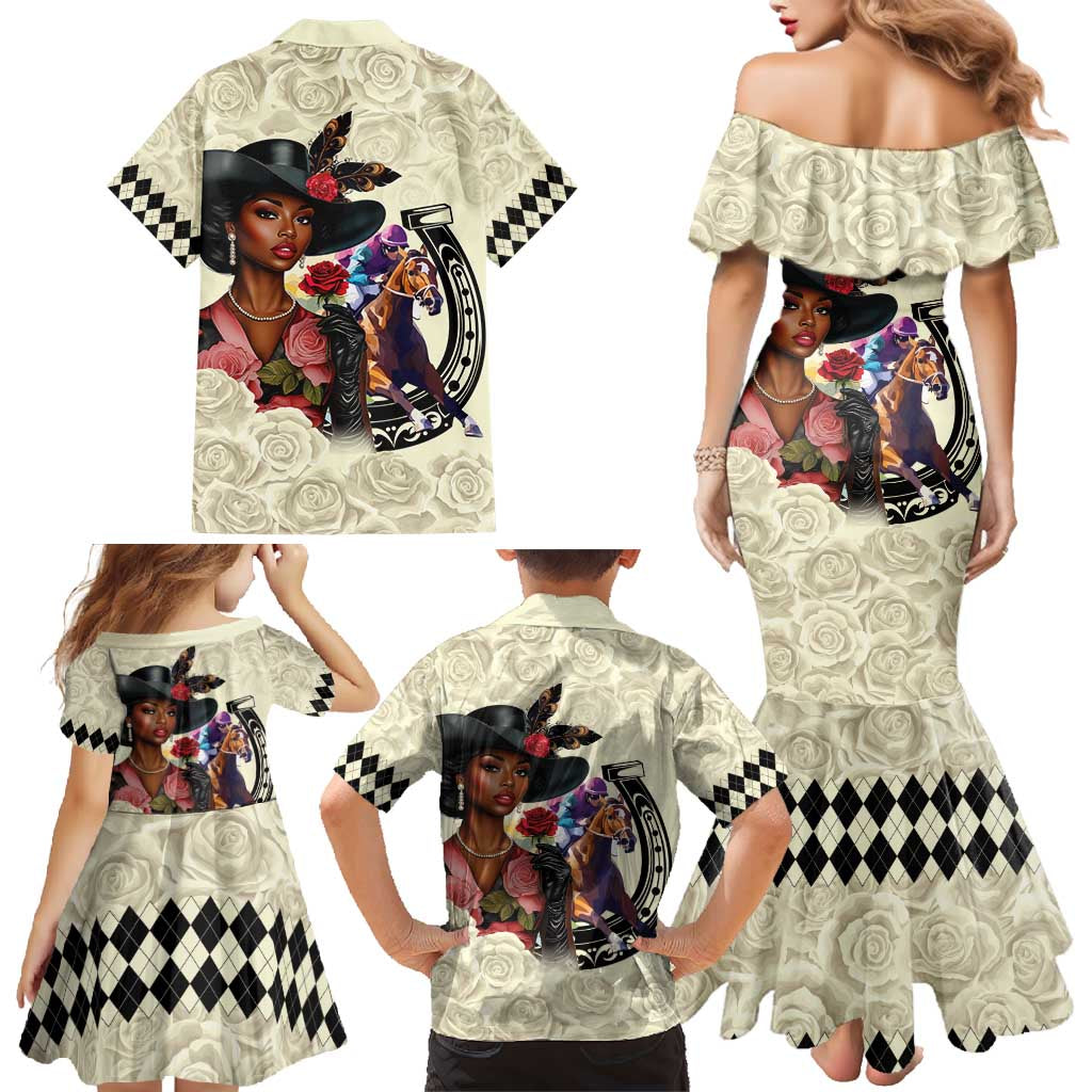Kentucky Horse Racing Family Matching Mermaid Dress and Hawaiian Shirt Black Derby Lady Cream Roses LT15
