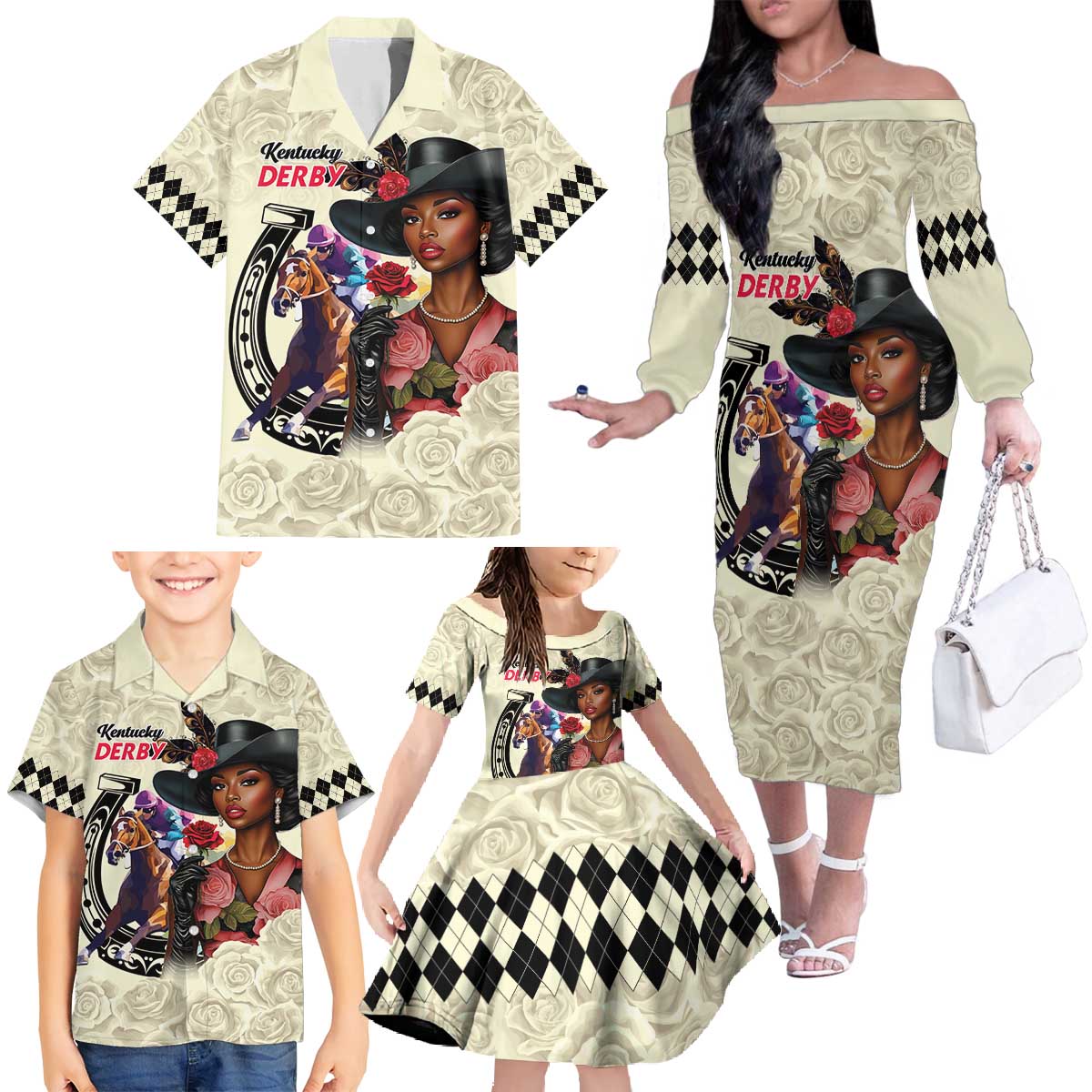 Kentucky Horse Racing Family Matching Off The Shoulder Long Sleeve Dress and Hawaiian Shirt Black Derby Lady Cream Roses