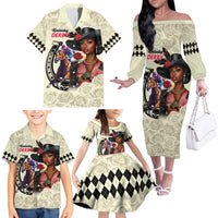Kentucky Horse Racing Family Matching Off The Shoulder Long Sleeve Dress and Hawaiian Shirt Black Derby Lady Cream Roses