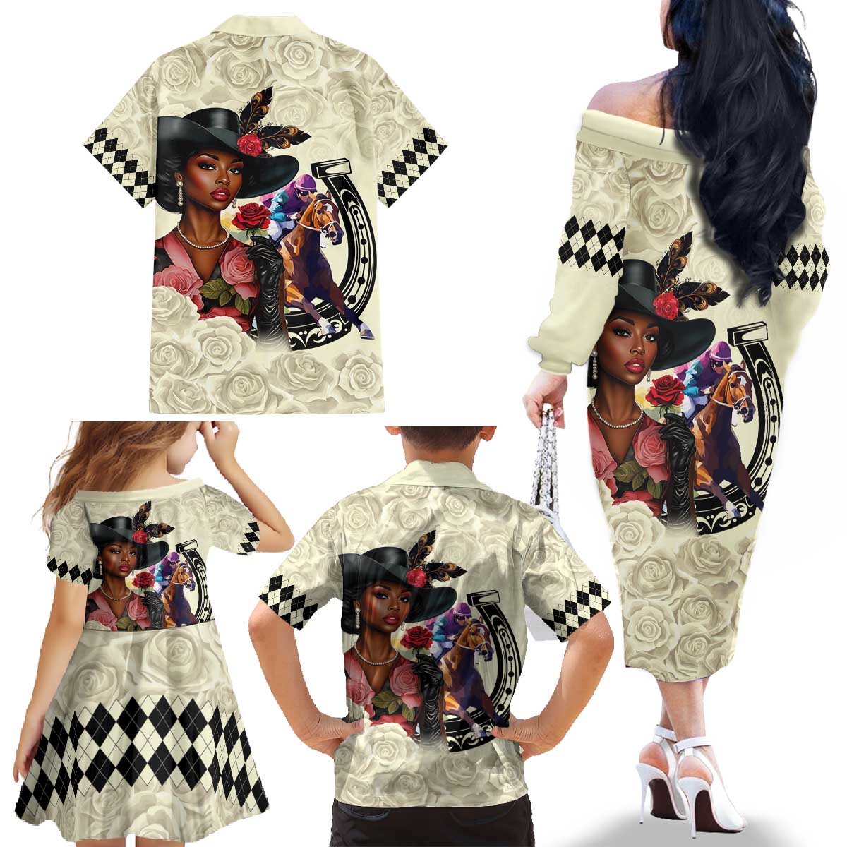 Kentucky Horse Racing Family Matching Off The Shoulder Long Sleeve Dress and Hawaiian Shirt Black Derby Lady Cream Roses
