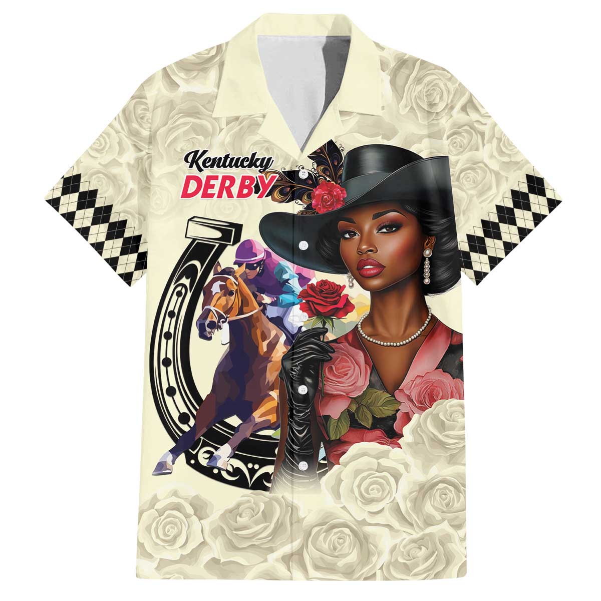 Kentucky Horse Racing Family Matching Off The Shoulder Long Sleeve Dress and Hawaiian Shirt Black Derby Lady Cream Roses