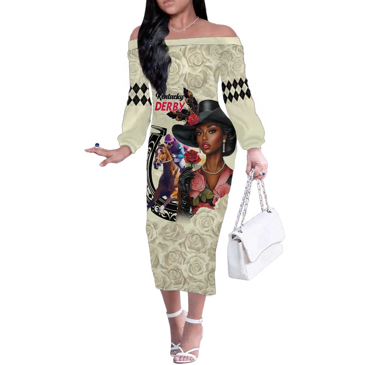 Kentucky Horse Racing Family Matching Off The Shoulder Long Sleeve Dress and Hawaiian Shirt Black Derby Lady Cream Roses
