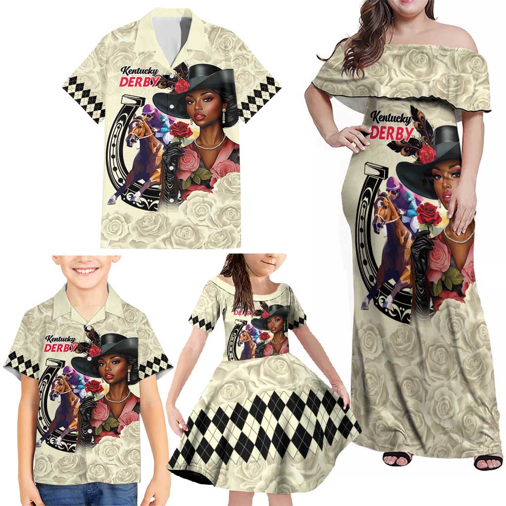 Kentucky Horse Racing Family Matching Off Shoulder Maxi Dress and Hawaiian Shirt Black Derby Lady Cream Roses