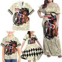 Kentucky Horse Racing Family Matching Off Shoulder Maxi Dress and Hawaiian Shirt Black Derby Lady Cream Roses