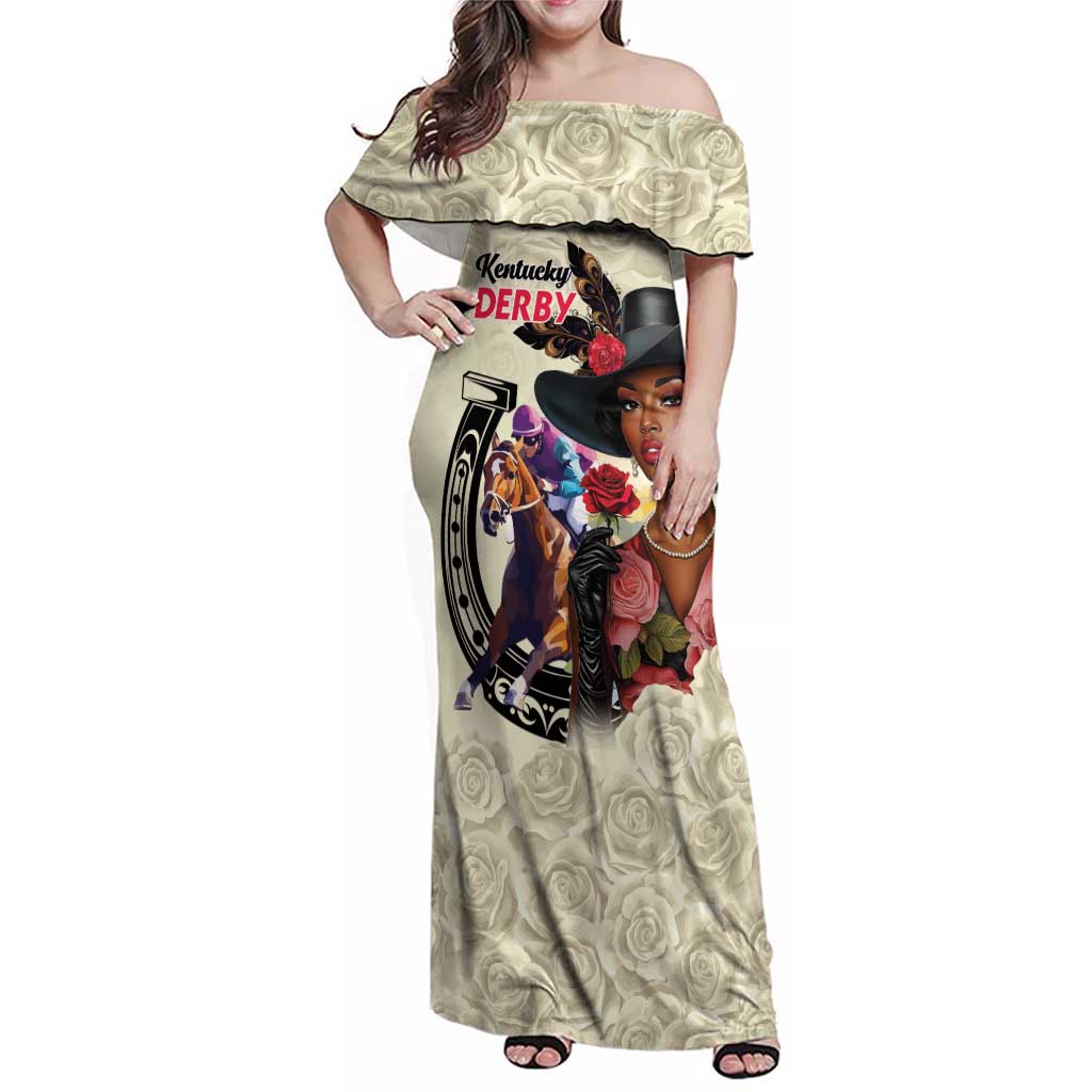 Kentucky Horse Racing Family Matching Off Shoulder Maxi Dress and Hawaiian Shirt Black Derby Lady Cream Roses