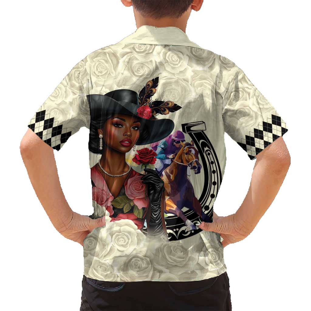 Kentucky Horse Racing Family Matching Off Shoulder Short Dress and Hawaiian Shirt Black Derby Lady Cream Roses