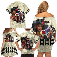 Kentucky Horse Racing Family Matching Off Shoulder Short Dress and Hawaiian Shirt Black Derby Lady Cream Roses