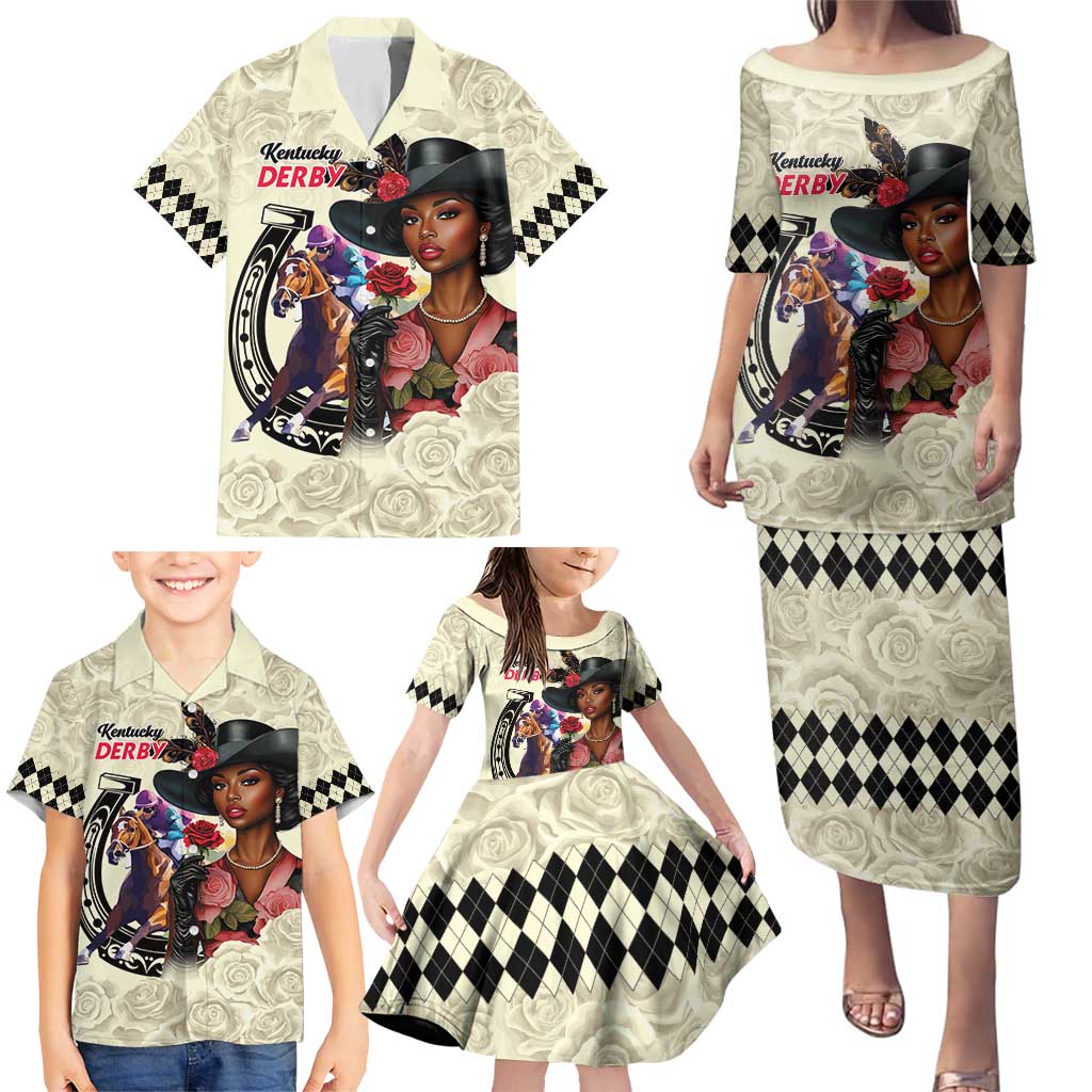Kentucky Horse Racing Family Matching Puletasi and Hawaiian Shirt Black Derby Lady Cream Roses