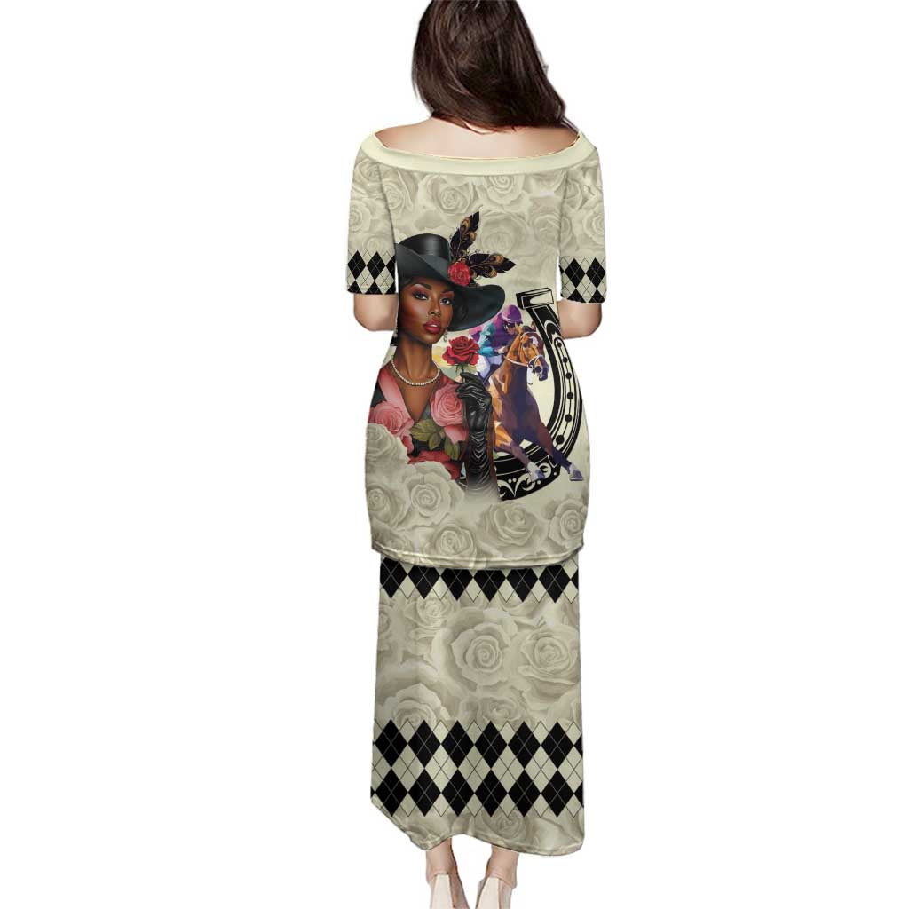 Kentucky Horse Racing Family Matching Puletasi and Hawaiian Shirt Black Derby Lady Cream Roses