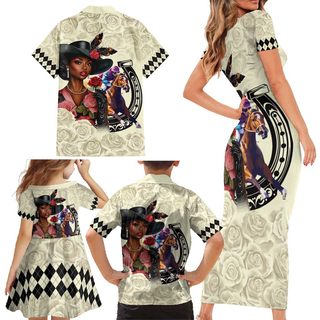 Kentucky Horse Racing Family Matching Short Sleeve Bodycon Dress and Hawaiian Shirt Black Derby Lady Cream Roses