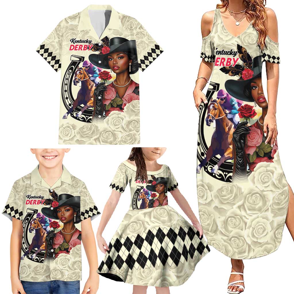 Kentucky Horse Racing Family Matching Summer Maxi Dress and Hawaiian Shirt Black Derby Lady Cream Roses
