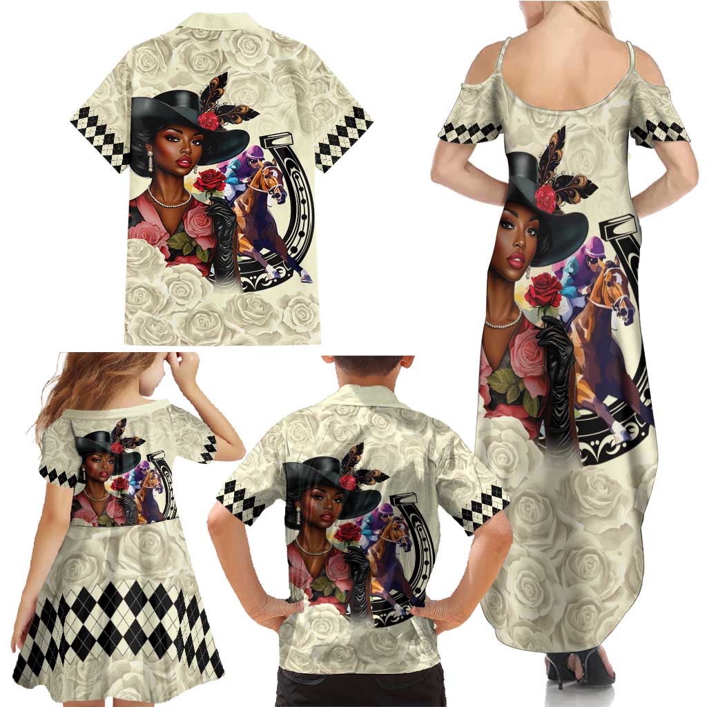 Kentucky Horse Racing Family Matching Summer Maxi Dress and Hawaiian Shirt Black Derby Lady Cream Roses