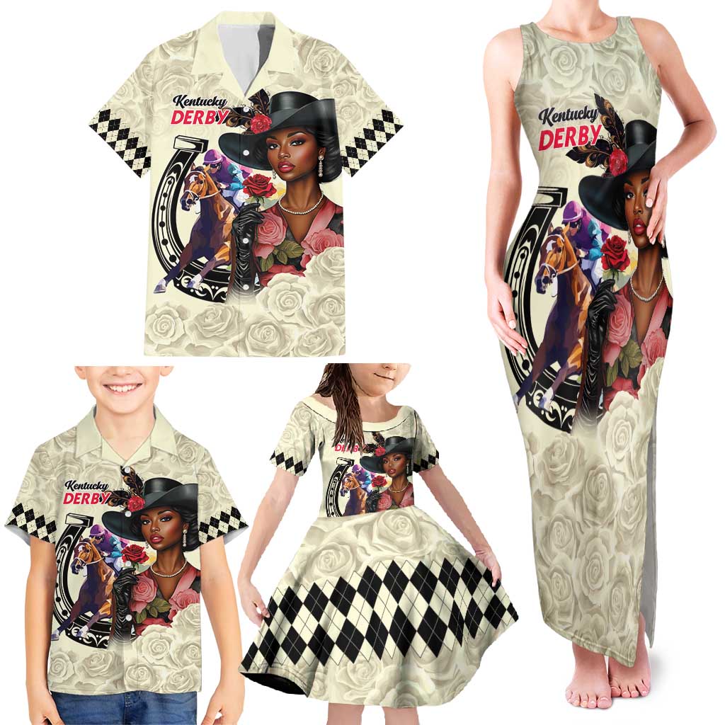 Kentucky Horse Racing Family Matching Tank Maxi Dress and Hawaiian Shirt Black Derby Lady Cream Roses