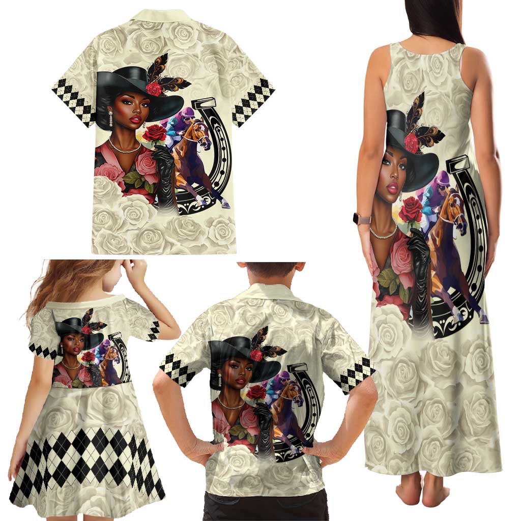 Kentucky Horse Racing Family Matching Tank Maxi Dress and Hawaiian Shirt Black Derby Lady Cream Roses