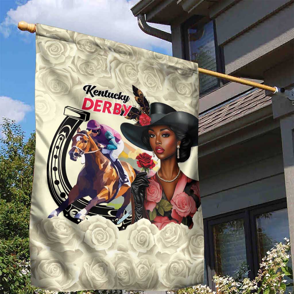 Kentucky Horse Racing Garden Flag Black Derby Lady Cream Roses