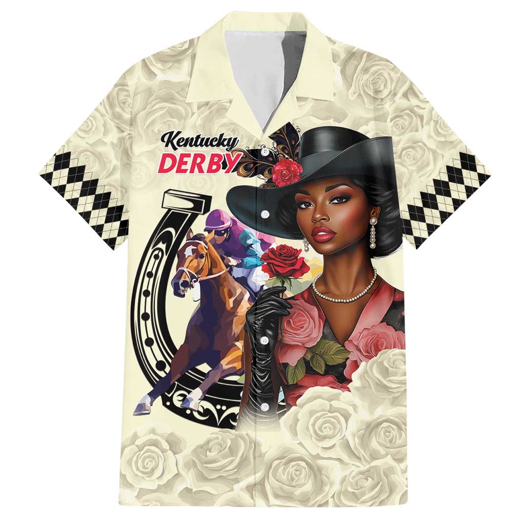 Kentucky Horse Racing Hawaiian Shirt Black Derby Lady Cream Roses