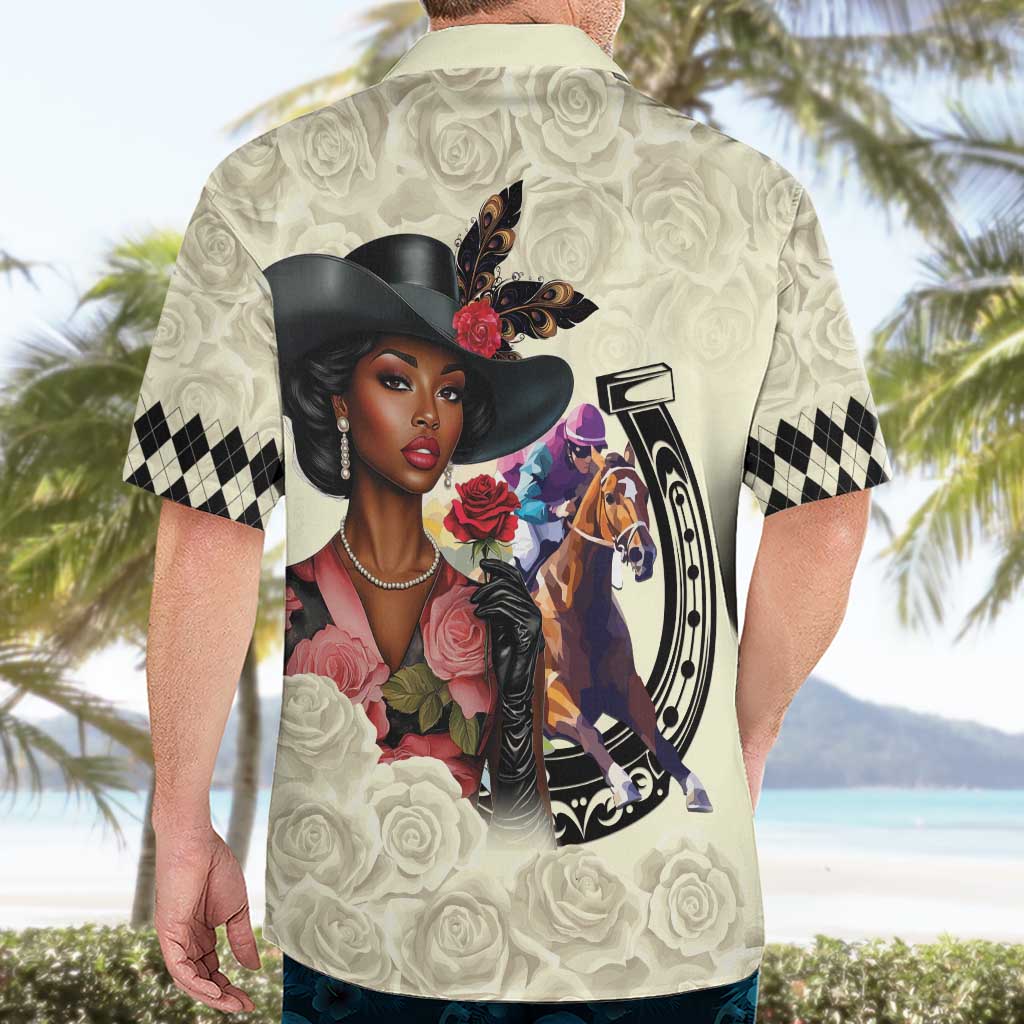 Kentucky Horse Racing Hawaiian Shirt Black Derby Lady Cream Roses