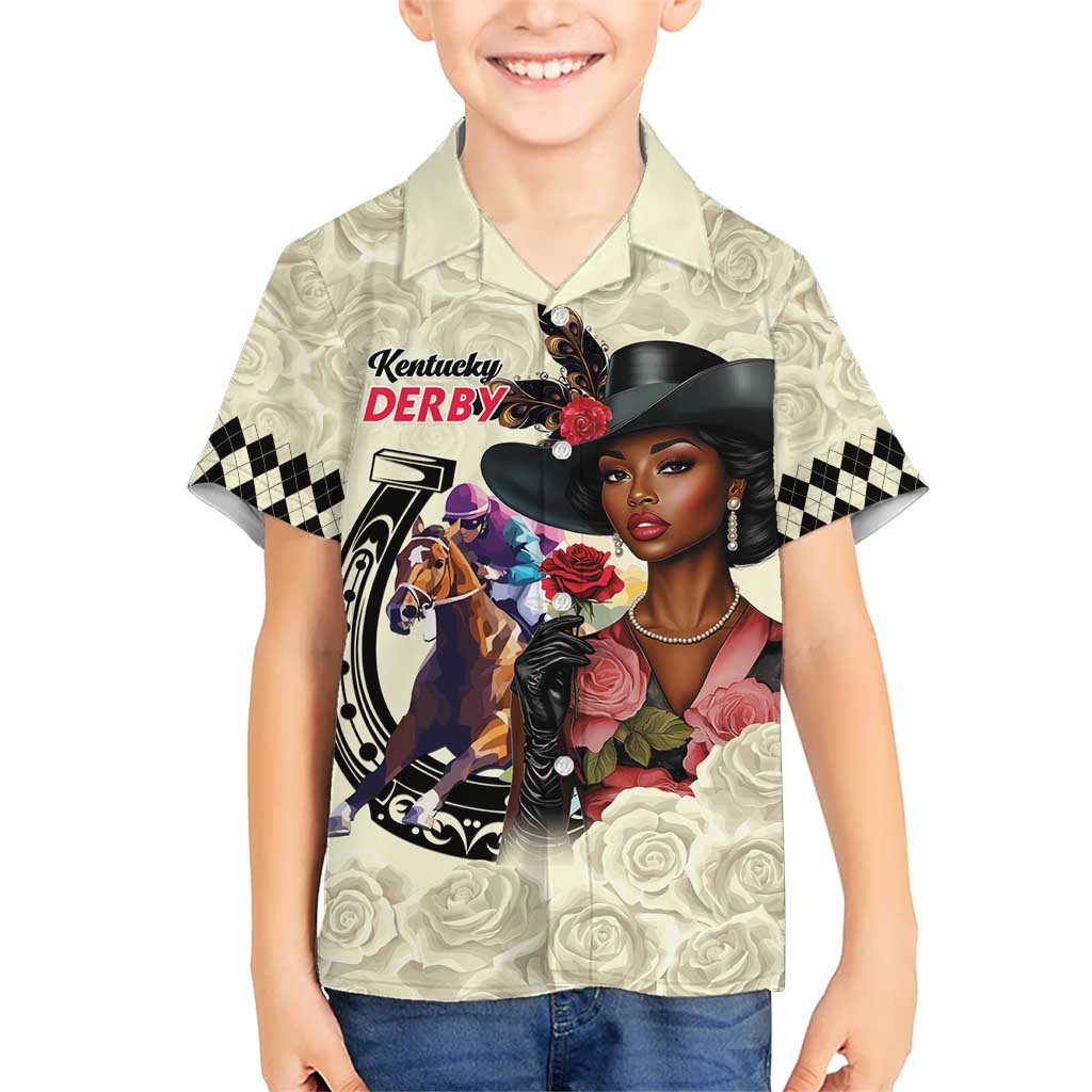 Kentucky Horse Racing Kid Hawaiian Shirt Black Derby Lady Cream Roses