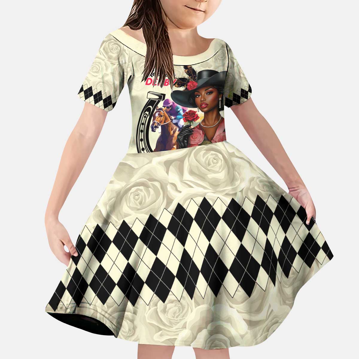 Kentucky Horse Racing Kid Short Sleeve Dress Black Derby Lady Cream Roses
