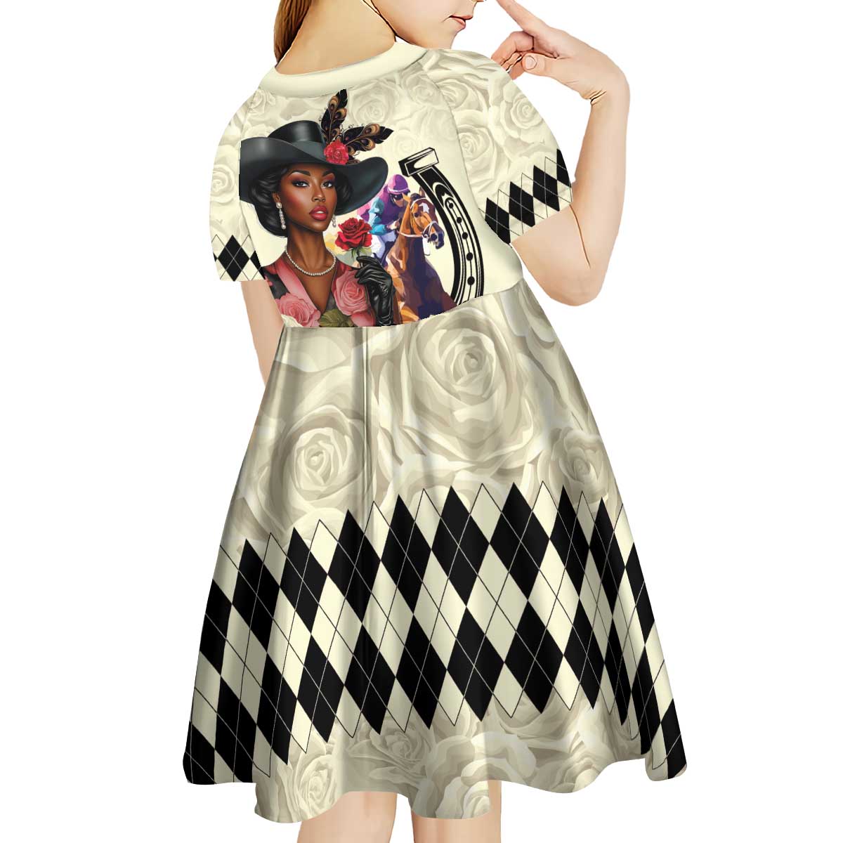 Kentucky Horse Racing Kid Short Sleeve Dress Black Derby Lady Cream Roses