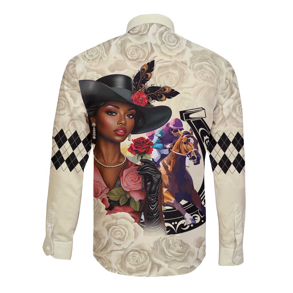 Kentucky Horse Racing Long Sleeve Button Shirt Black Derby Lady Cream Roses