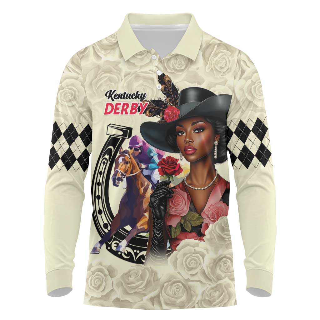 Kentucky Horse Racing Long Sleeve Polo Shirt Black Derby Lady Cream Roses