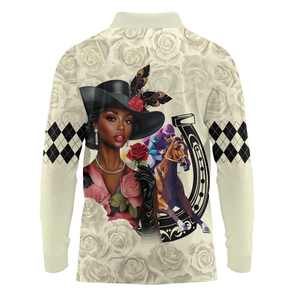 Kentucky Horse Racing Long Sleeve Polo Shirt Black Derby Lady Cream Roses