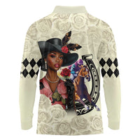 Kentucky Horse Racing Long Sleeve Polo Shirt Black Derby Lady Cream Roses