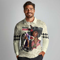 Kentucky Horse Racing Long Sleeve Polo Shirt Black Derby Lady Cream Roses
