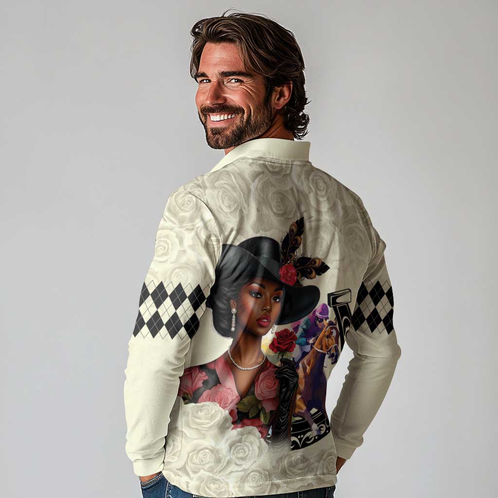 Kentucky Horse Racing Long Sleeve Polo Shirt Black Derby Lady Cream Roses